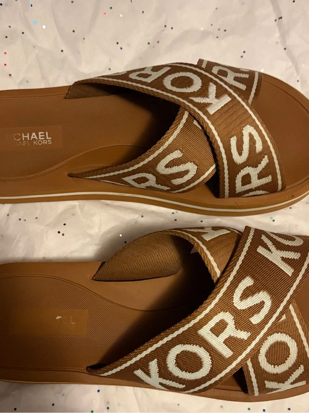Michael Kors Brown and White Logo Crossband Slide Sandals
